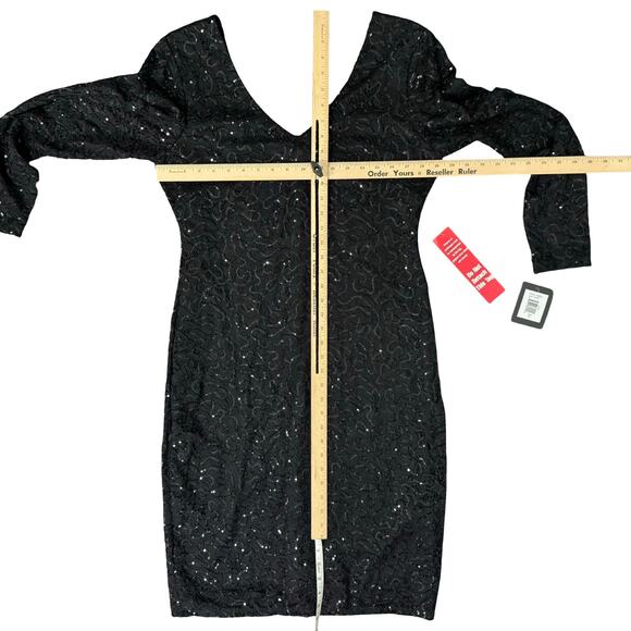 Marina Black Sequin Sheer Long Sleeve V-Neck Low Back Dress size 14 NEW Tags - Picture 6 of 12